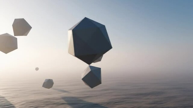 Abstract floating geometric shapes in light haze landscape