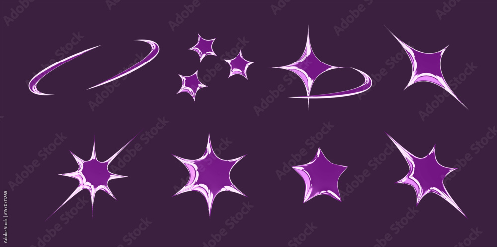 Poster shiny chrome star emoticon effects set - swoosh trails, sparkle clusters, pointed bursts with metall