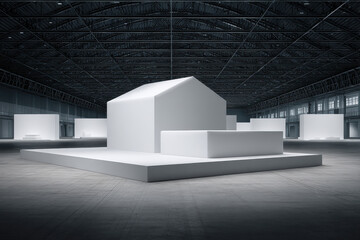 minimalist exhibition space for fashion festival featuring clean lines and ultrabright atmosphere