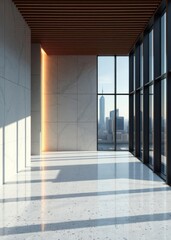 Obraz premium Modern style luxury interior with city view 3d render there are terrazzo floor decorated wall with hidden light Empty room interior design architecture blank design room striking structures cle