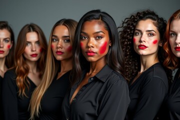 Fototapeta premium Empowered Women United: Group Photo of Diverse Women Standing Together Against Sexual Harassment, Wearing Black and Red Lipstick Mark