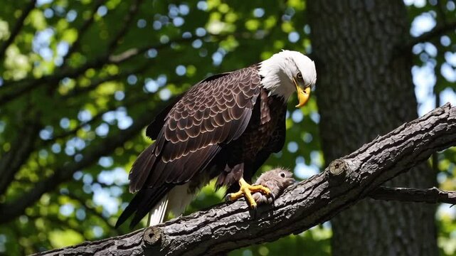 Bald eagle feeding its young on a branch