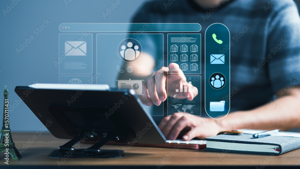 Poster man interacting with business and communication icons on virtual interface