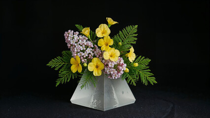 Yellow primrose and pink lilac flowers with green foliage in geometric vase yellow flowers
