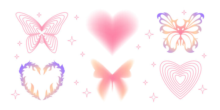 Y2K elements with pink line art butterfly wings, gradient purple yellow insects, blurred heart shape, love symbols and sparkle stars. Retro 2000s aesthetic graphics for nostalgic design decorations.