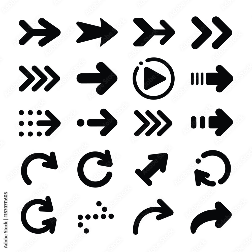 Poster collection of twenty four black arrow icons various styles and directions including right left up do