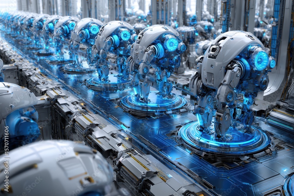 Poster advanced robotics assembly line showcasing futuristic machines in high-tech environment