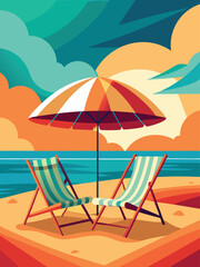 Relaxing Beach Scene with Striped Deck Chairs and Umbrella at Sunset