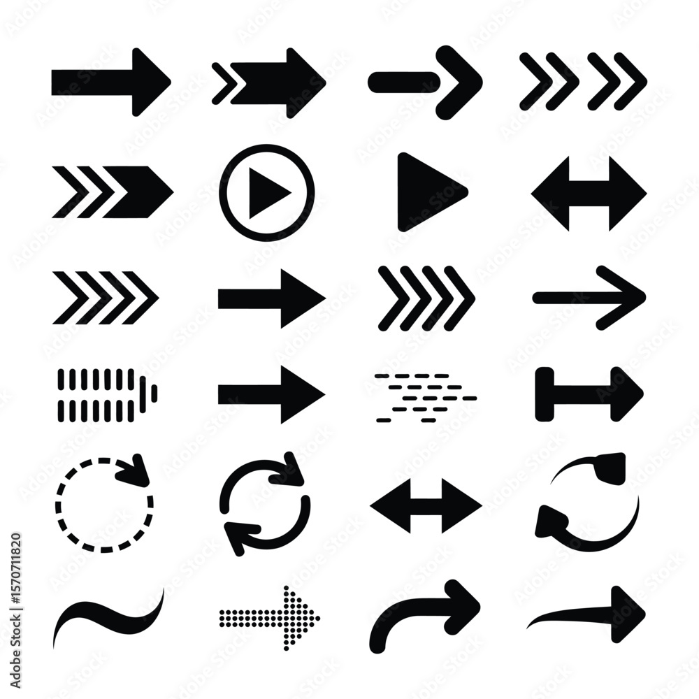 Poster collection of twenty four black arrow icons various styles and directions including right left up do