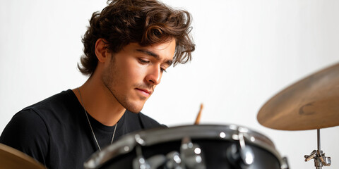 A man is playing the drums. He is wearing a black shirt and a necklace