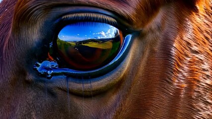 Horse eye reflection landscape detail - Powered by Adobe