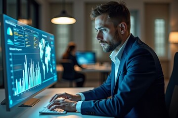 Businessman utilizing holographic technology at his office desk.