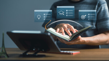 Man Reading Book with Virtual Online Education Checklists and Goals