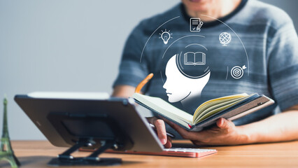 Man Reading Book with AI Head and Learning Icons for Personal Growth