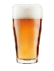 refreshing beer pint with foam head on white background.