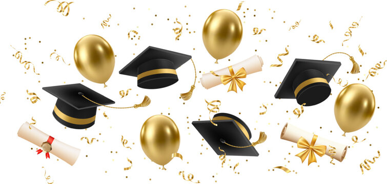 3d flying diploma scroll and graduate hat poster