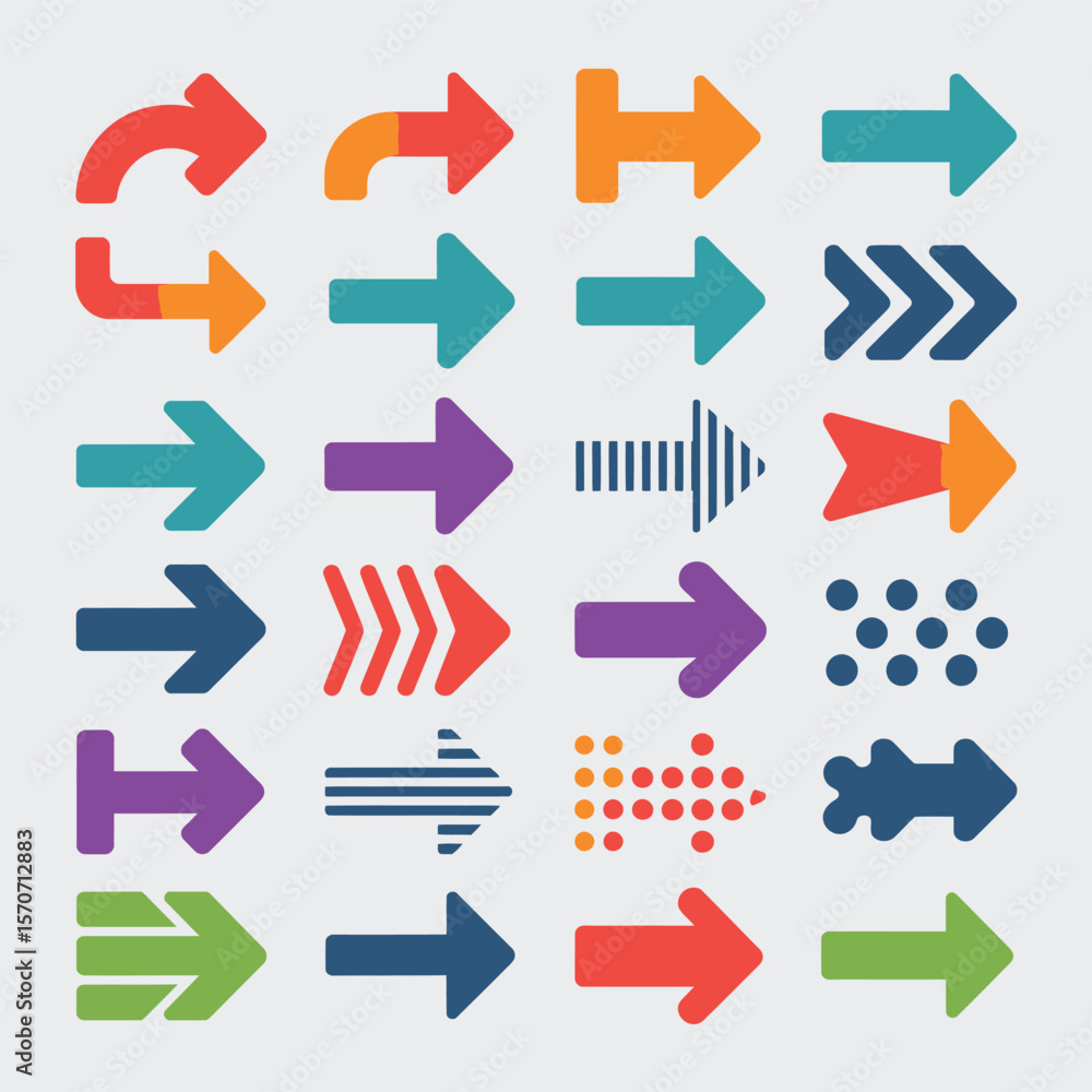 Poster collection of twenty four colorful arrow icons vector graphics diverse styles and directions flat de