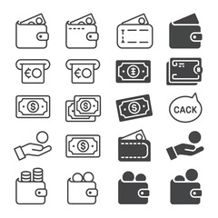 Collection of twenty grayscale vector icons depicting various financial transactions including wallets filled with cash or coins A T M withdrawals dollar and euro banknotes credit cards and