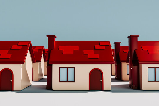 3D render of stylized house cluster in clean suburban layout