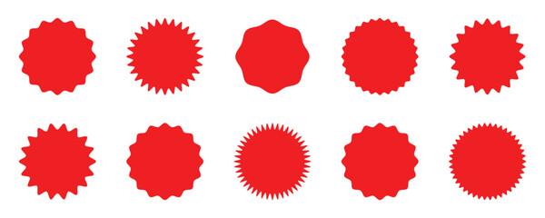 Starburst labels sale or discount sticker, sunburst badges, sun ray frames, stickers mock up set. Price sticker, sale sticker, price tag, starburst, quality mark,       red  icons on white background.