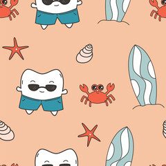 cute hand drawn cartoon character tooth with sunglasses at the beach with red crab and surf table funny summertime seamless vector pattern background illustration for kids