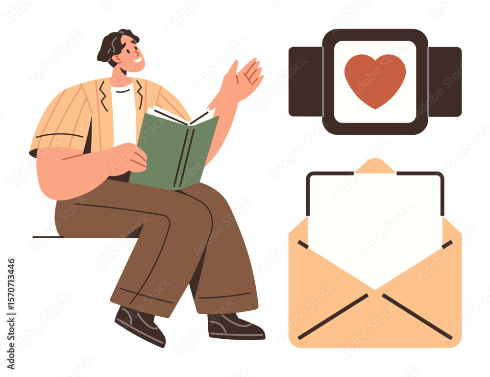 Aufkleber man reads book while gesturing, smartwatch with heart symbol and open envelope beside him. ideal for