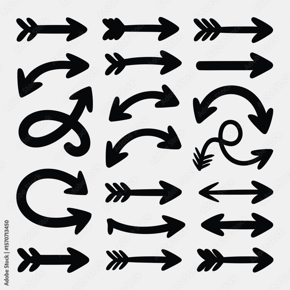 Poster collection of twenty hand drawn black arrows various styles and directions straight curved swirls si