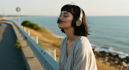 Woman Relaxing by the Ocean, Listening to Music with Headphones
