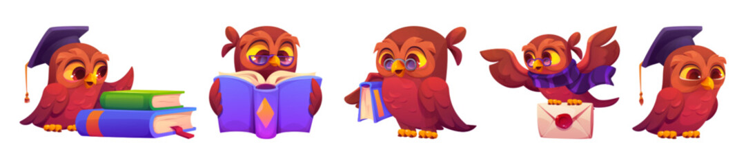 Brown owl school character set - cartoon bird with graduation cap holding books, reading textbook, carrying stack of notebooks, flying with envelope and standing scholar. Cute education mascots.