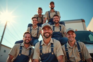 Delivery Men and Handymen in Uniform Form a Human Pyramid by Their Truck, Beaming with Joy.