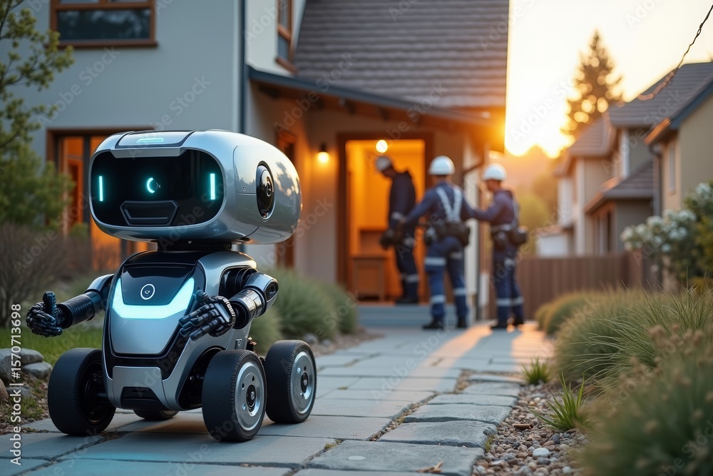 Poster futuristic robot conducts building audit on house as high-tech workers install energy-efficient insu
