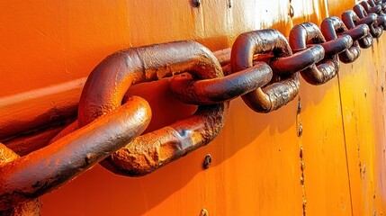 Rusty anchor chain against orange metal