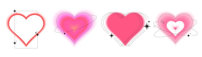 Heart border collection with neon blur aura effects - pink gradient frames with sparkle stars and orbital rings. Romantic valentine decorations with soft light halos for love cards or social media.