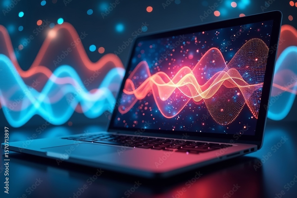 Poster abstract digital waves and patterns on a laptop screen: capturing the interconnectedness in vibrant 