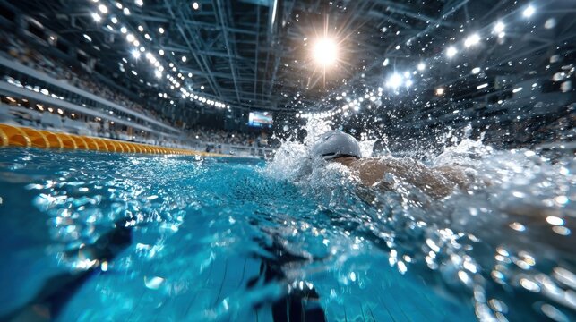 Swimmer in competitive race creating splashes in illuminated indoor pool during competition