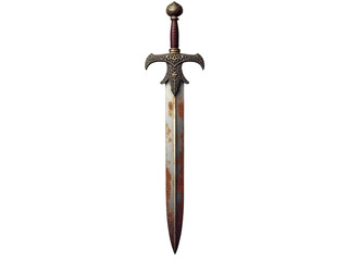 Antique Medieval Rusty Sword with Ornate Gold and Silver Hilt Isolated on a Transparent Background