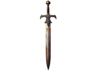 Antique Medieval Rusty Sword with Ornate Gold and Silver Hilt Isolated on a Transparent Background