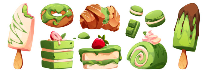 Matcha dessert set - green tea flavored cakes, donuts, croissants, macarons, popsicles and chocolate bars with strawberry toppings. Japanese sweets set for bakery menus, confectionery game assets.