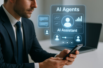 Young man using AI agents on smartphone to manage life tasks, symbolizing artificial intelligence assistance, productivity enhancement, AI agents, AI assistant, artificial intelligence, smart 

