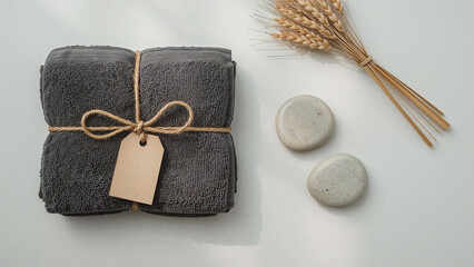 Fototapeta premium Towel stack tied with twine and tag for spa and wellness relaxation