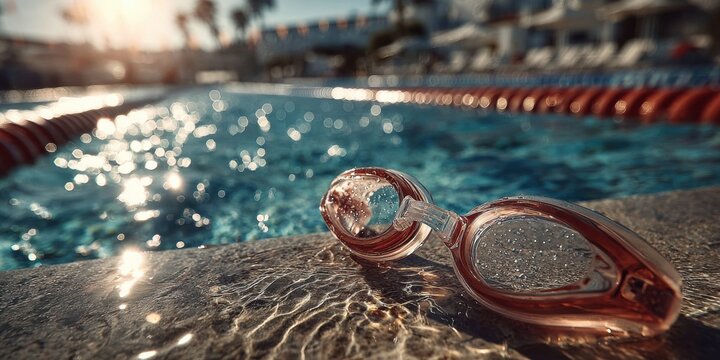 Swimming goggles resting poolside at sunlit outdoor swimming pool - Powered by Adobe