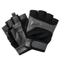 A close up shot of a pair of gray and black fingerless weight lifting gloves on a black background