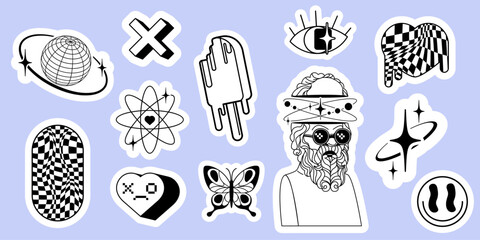 Future y2k sticker set - wireframe globe with orbit, melting popsicle, checkered pills, pixel heart, butterfly and bearded philosopher with planetary rings and smiling face for retro digital aesthetic © klyaksun