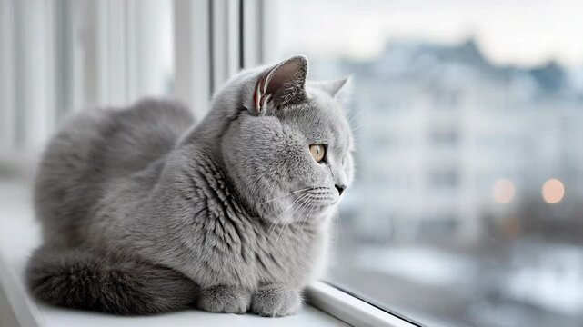 Curious gray cat observing city through window in tranquil winter scene. International Cat Day