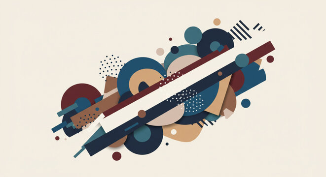 Abstract geometric composition featuring overlapping circles, rectangles, and dots in muted earth tones and navy.