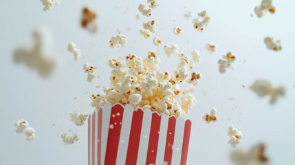 100.A dynamic shot of a red and white striped popcorn box in mid-fall, releasing a cascade of buttery popcorn, with kernels frozen in mid-air against a clean white background.
