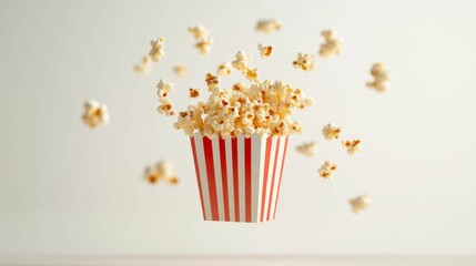 100.A dynamic shot of a red and white striped popcorn box in mid-fall, releasing a cascade of buttery popcorn, with kernels frozen in mid-air against a clean white background.