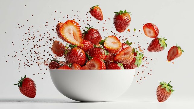 66.A dynamic image of strawberries exploding outward from a white bowl, with some sliced open to reveal their juicy interiors, all frozen in mid-air against a spotless white background.