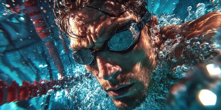 Determined male swimmer underwater mid-stroke wearing goggles in competitive swimming pool