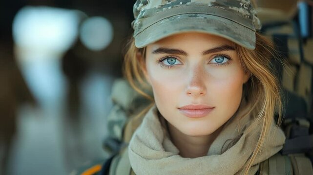 Confident female soldier: closeup series in military setting. Boqueron Battle Victory Day